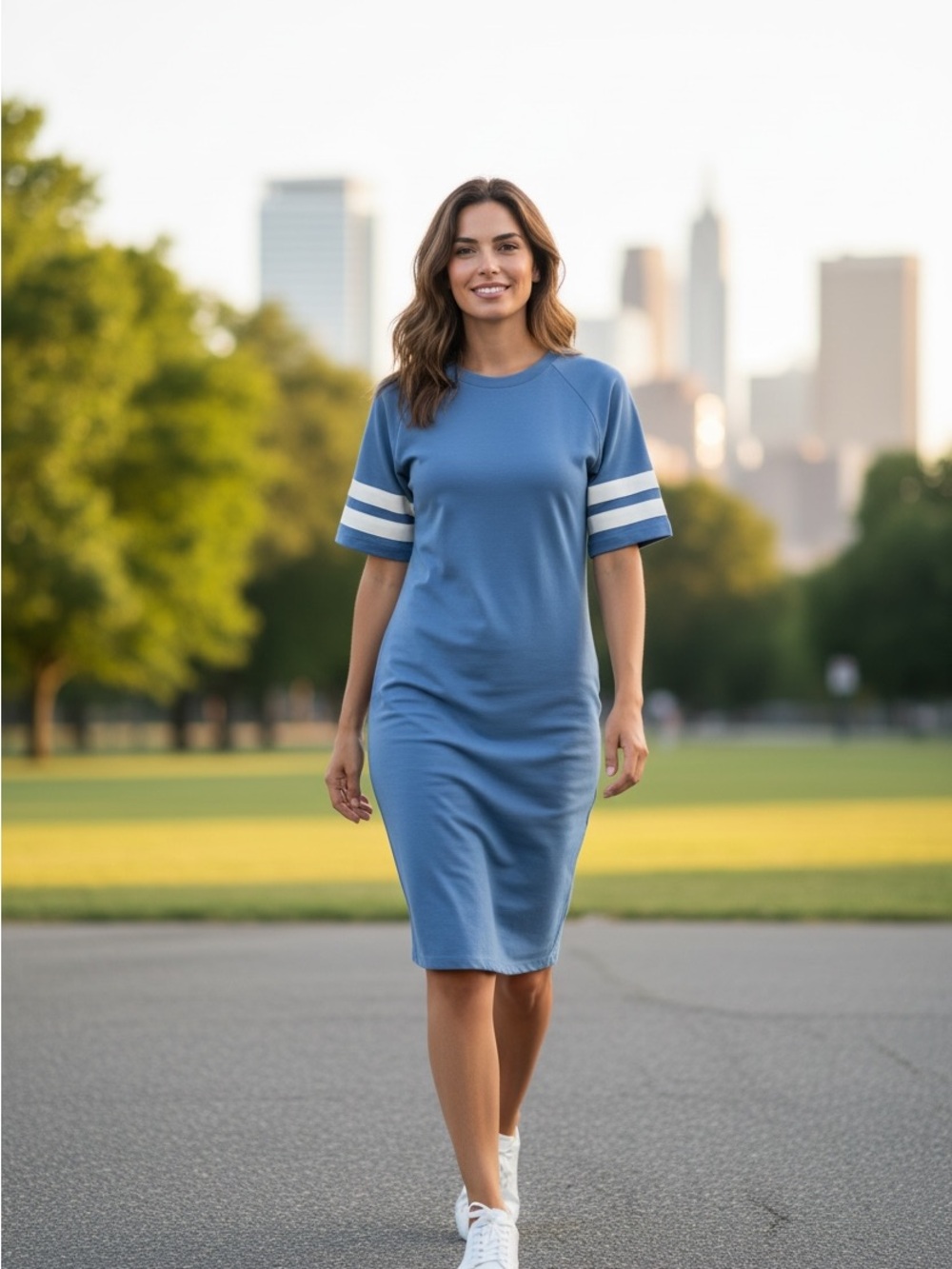 Blue Midi Dress with White Sleeve Stripes